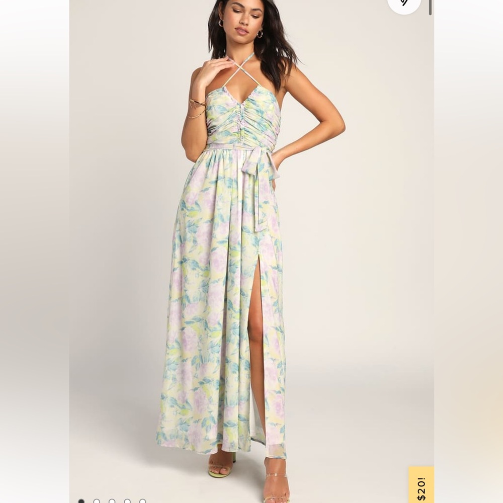 Effortlessly Abloom Green Multi Floral Ruched Halter Maxi Dress NWT